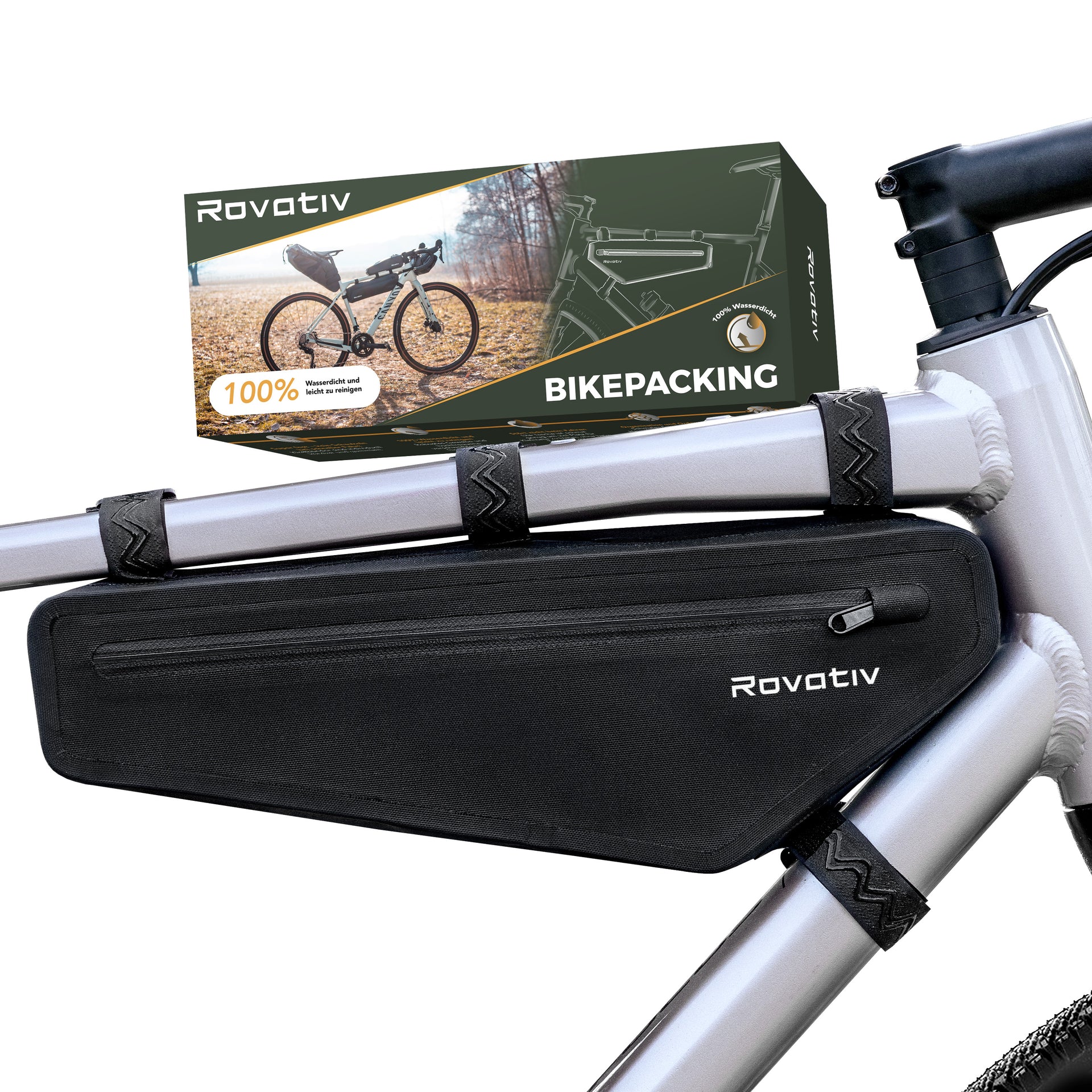 tasche für rennrad rahmen Rovativ® Bikepacking Rahmentasche [2,2 Liter] 100% Wasserdicht - super  Fester Halt - Robustes TPU-Gewebe - 2 Fächer