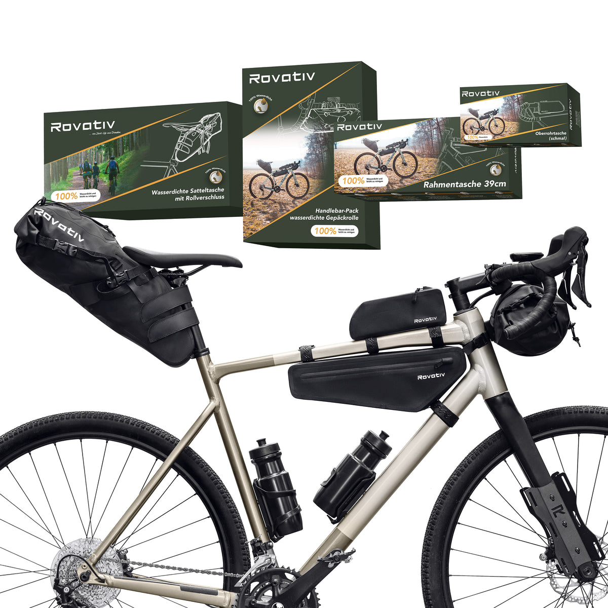 Rovativ® Bikepacking Basis-Set [100% Wasserdicht] Satteltasche + Lenkertasche + Oberrohrtasche + Rahmentasche