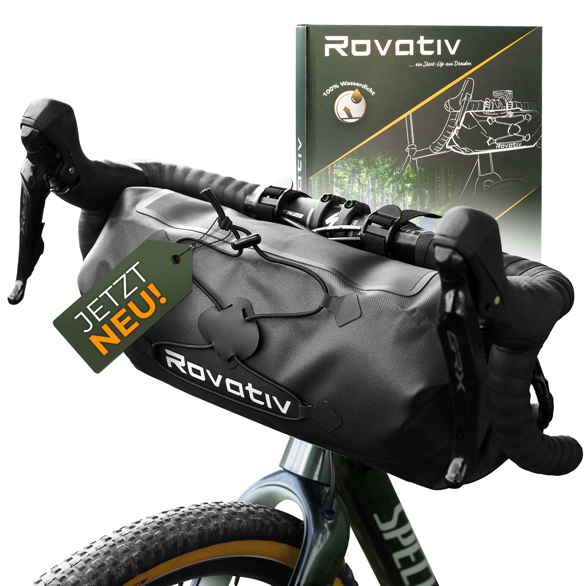 Rovativ® Bikepacking Lenkertasche [9,5 Liter] 100% Wasserdicht -  Lenkerrolle - extra Fester Halt - Robustes TPU-Gewebe